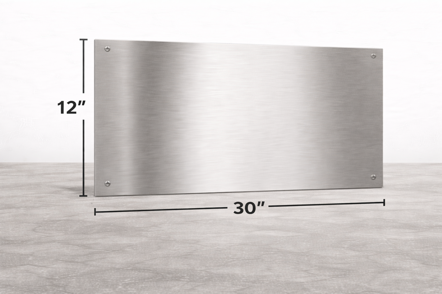 A brushed metal rectangular sign or panel shown on a light gray background with dimension lines indicating 12 inches tall by 30 inches wide.