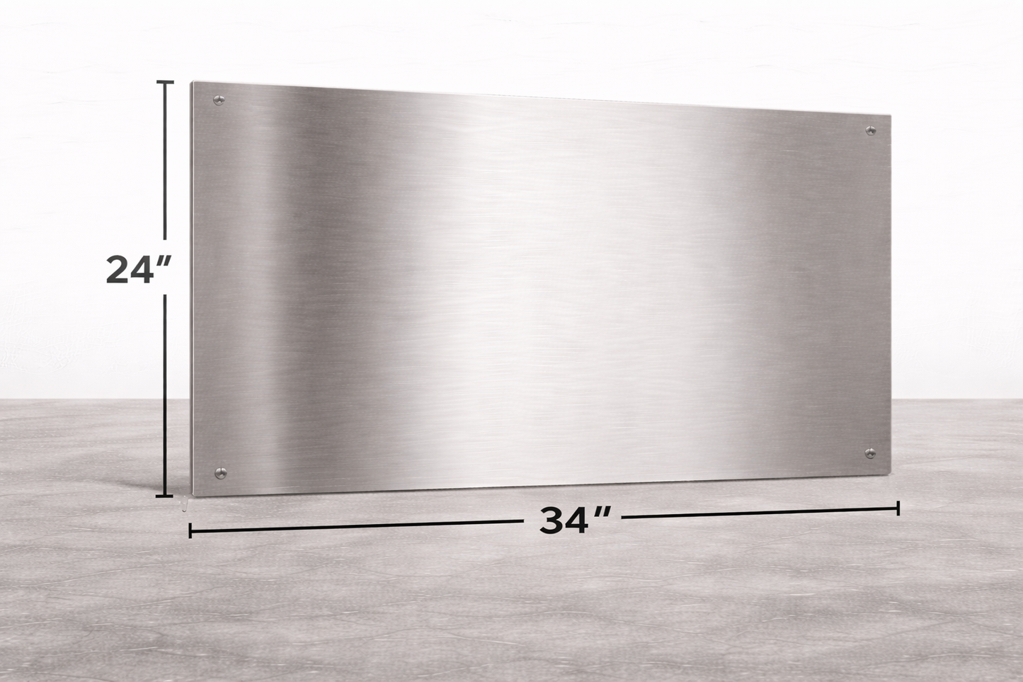 Stainless steel panel with dimensions 24" x 34" on a light gray background