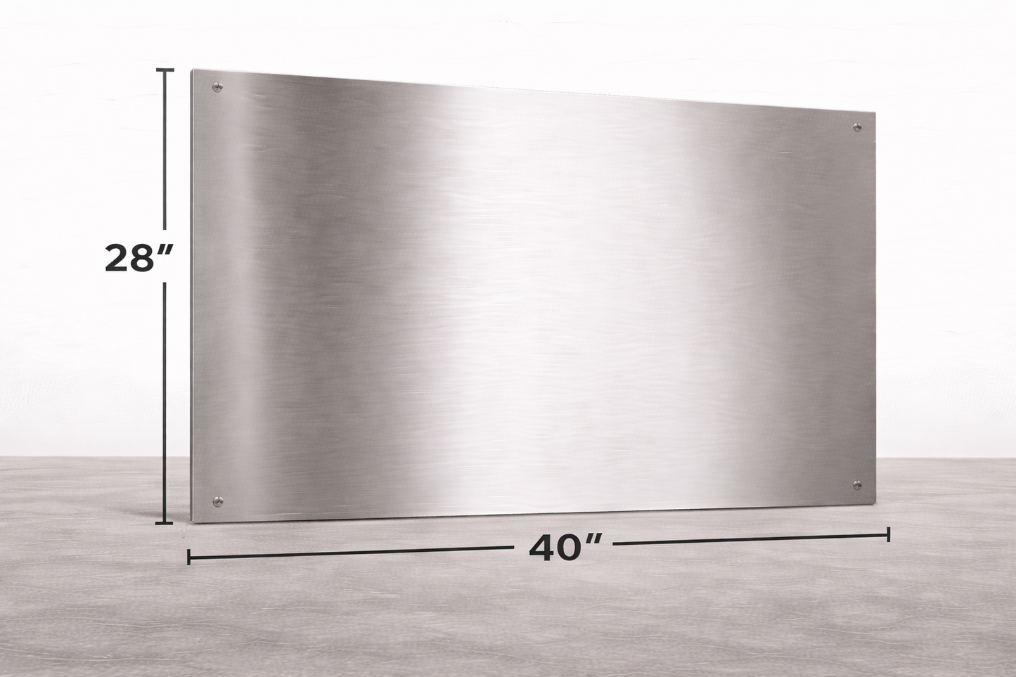Stainless steel range hood with dimensions labeled on a light gray background