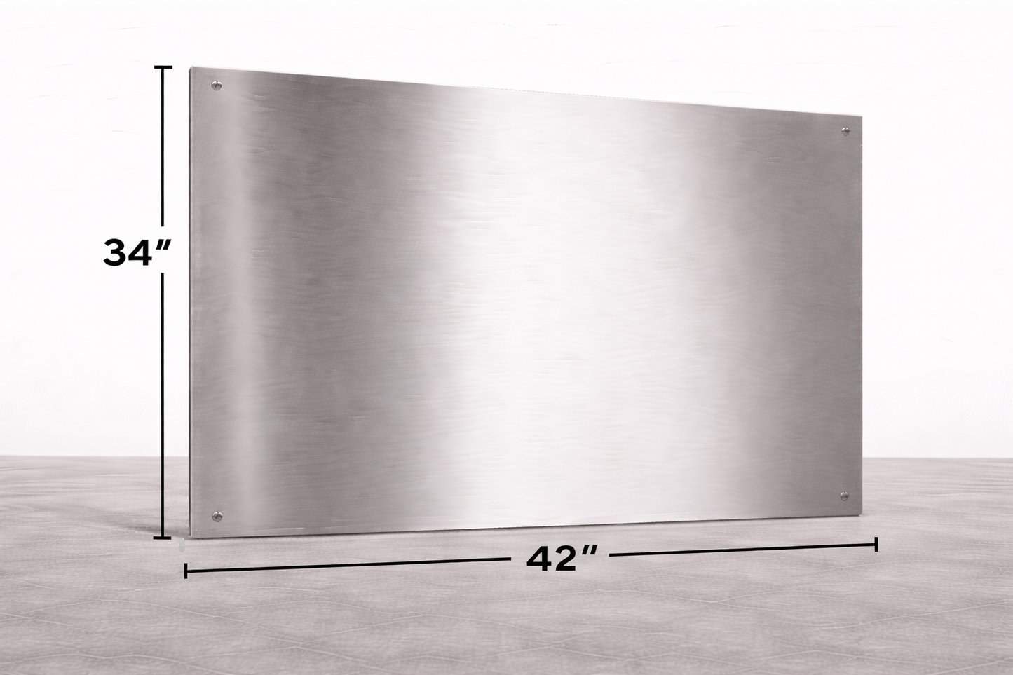 Stainless steel range hood with dimensions labeled on a gray background