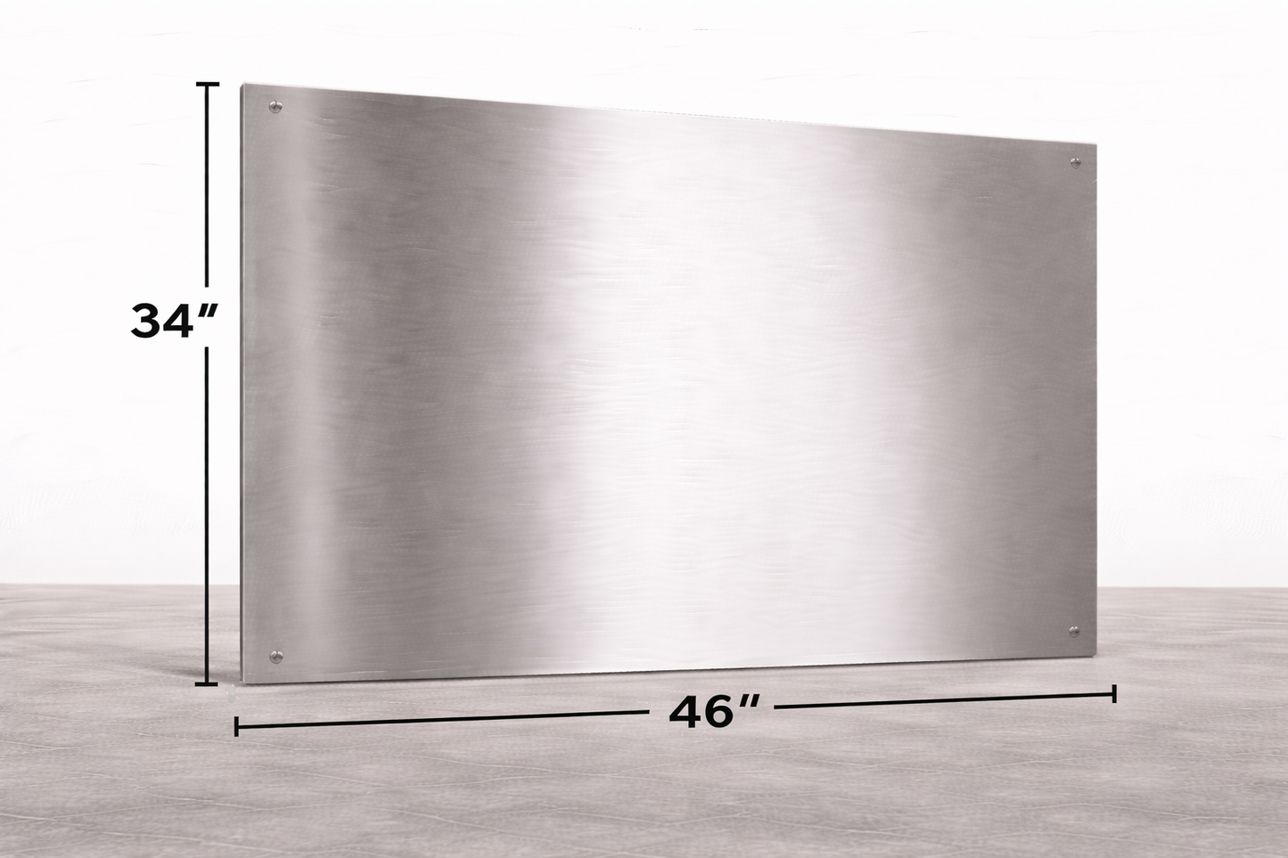 Stainless steel range hood with dimensions on a light gray background