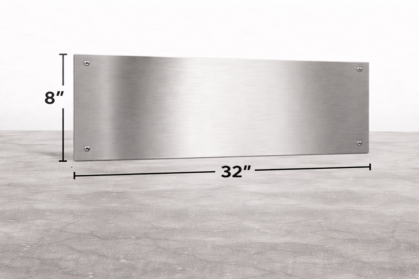 Stainless steel panel with dimensions on a wooden surface