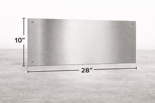 Stainless steel panel with dimensions on a gray background