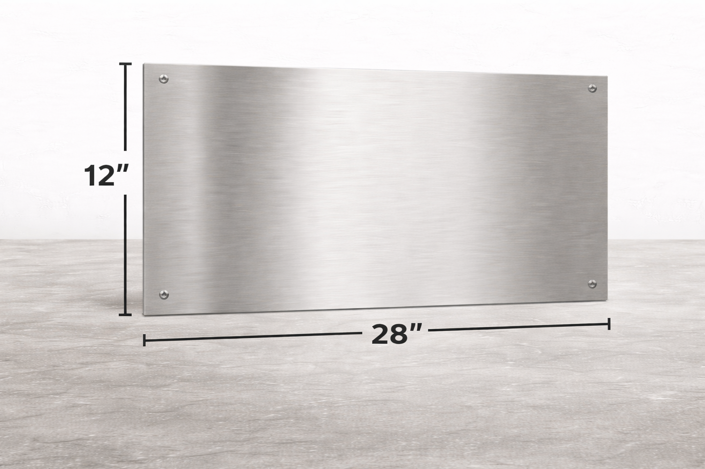 Stainless steel panel with dimensions labeled on a white background