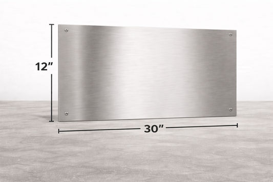 A brushed metal rectangular sign or panel shown on a light gray background with dimension lines indicating 12 inches tall by 30 inches wide.