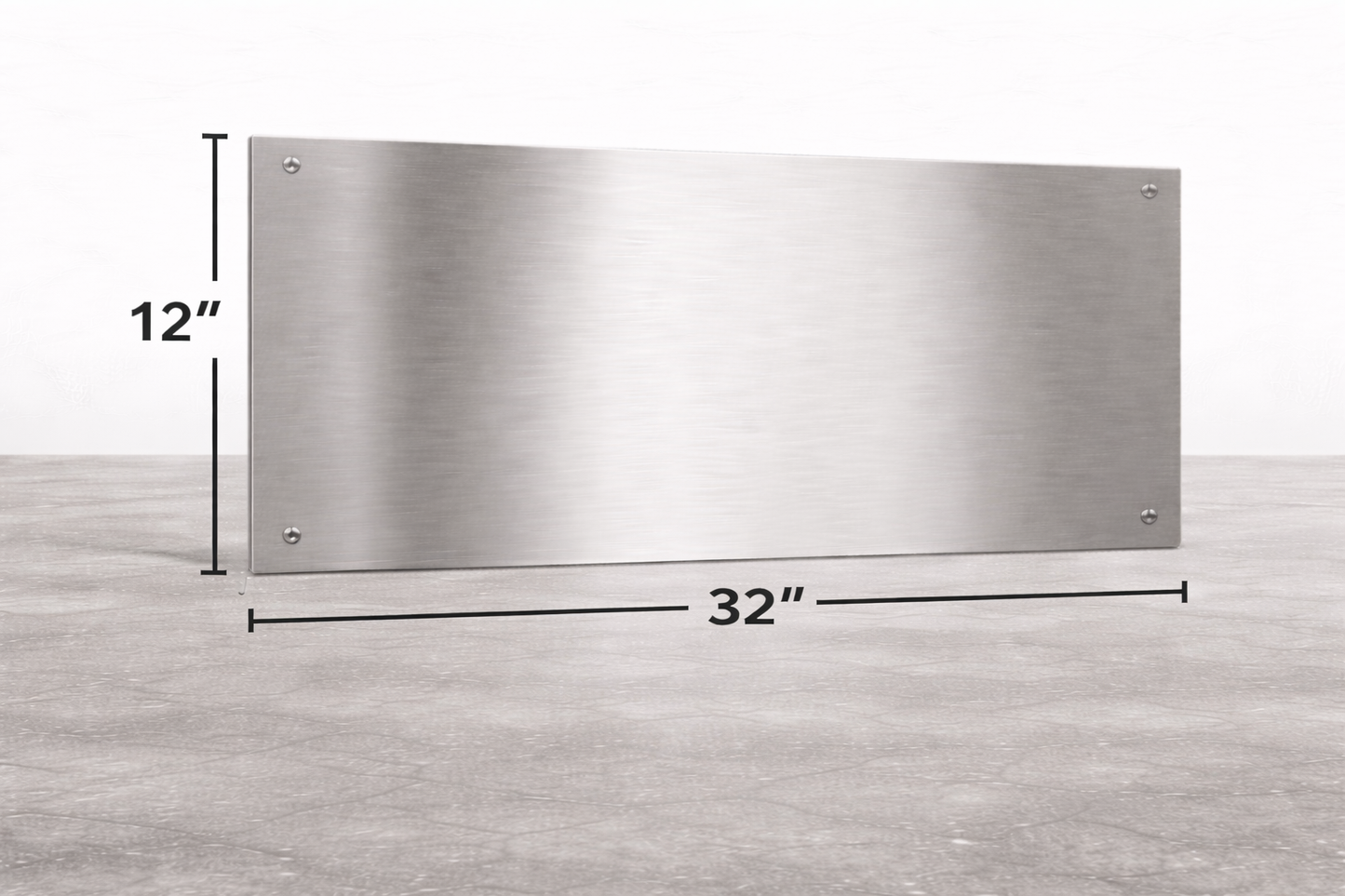 Stainless steel panel with dimensions on a gray background