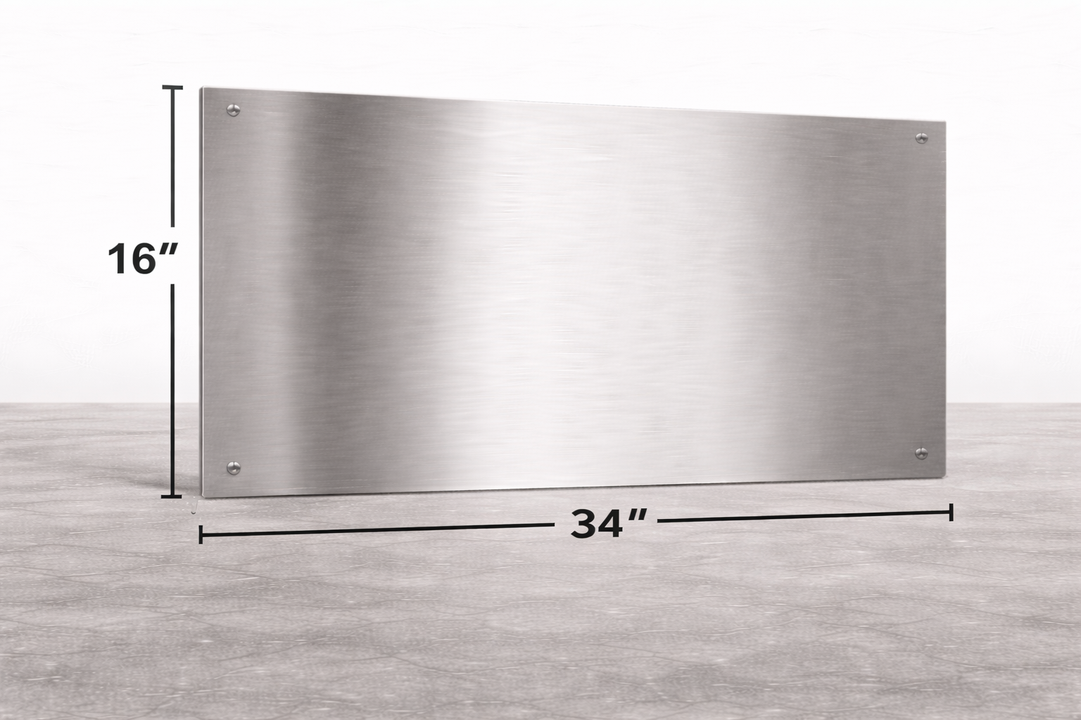 Stainless steel panel with dimensions on a gray background