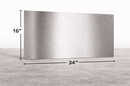 Stainless steel panel with dimensions on a gray background