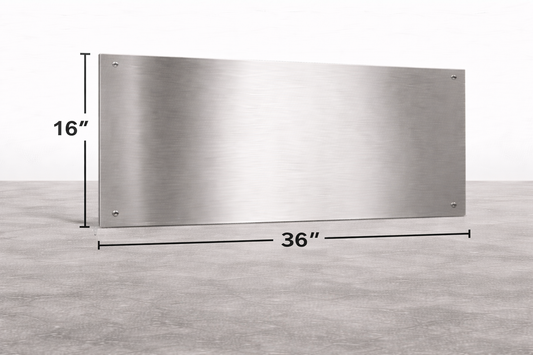 Stainless steel panel with dimensions on a gray background