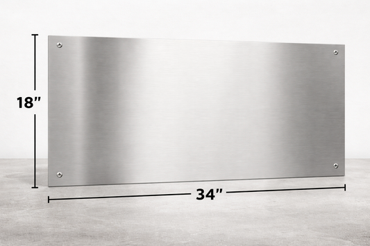 Stainless steel panel with dimensions on a light gray background