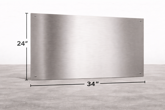 Stainless steel panel with dimensions 24" x 34" on a light gray background