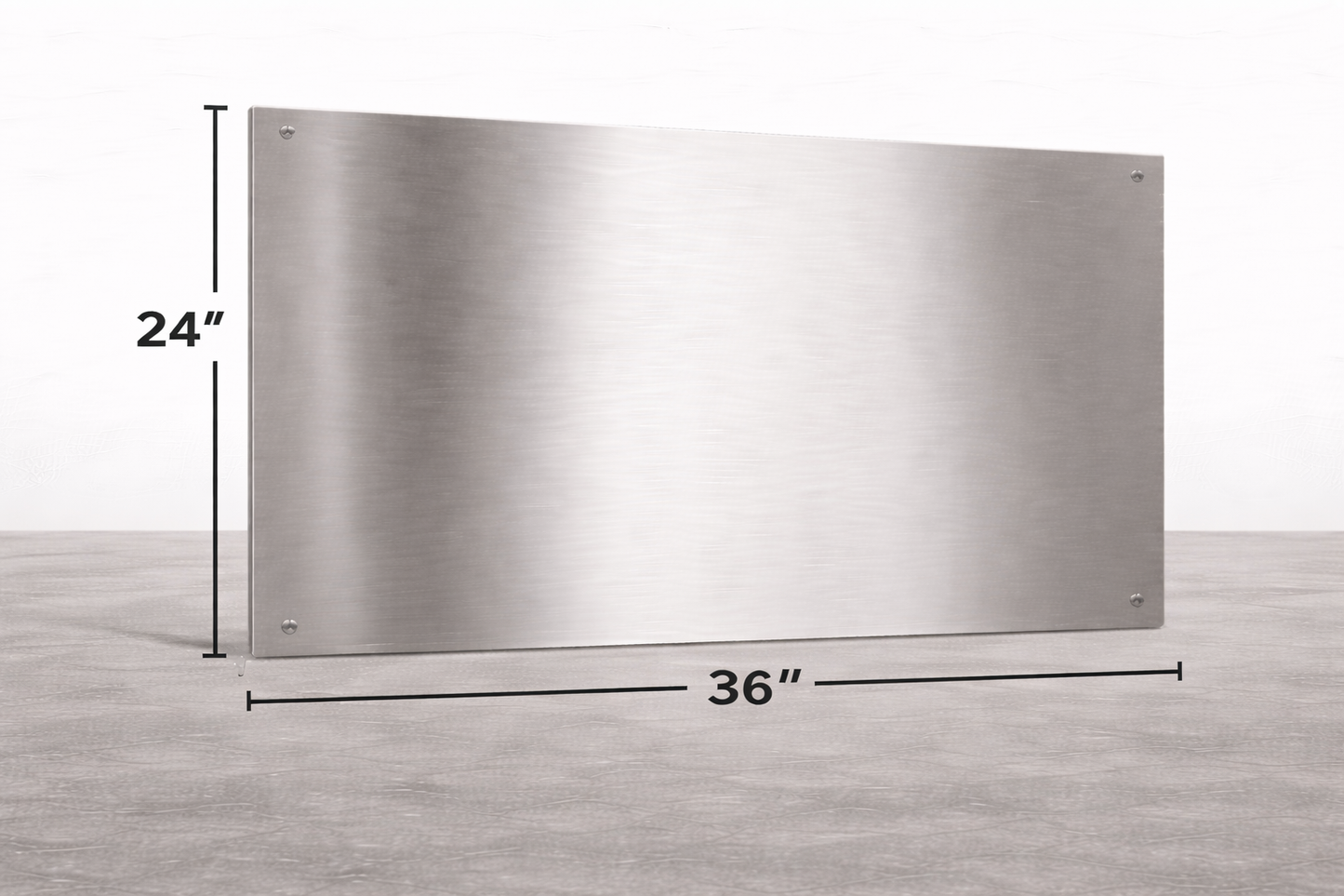 Stainless steel range hood with dimensions labeled on a gray background
