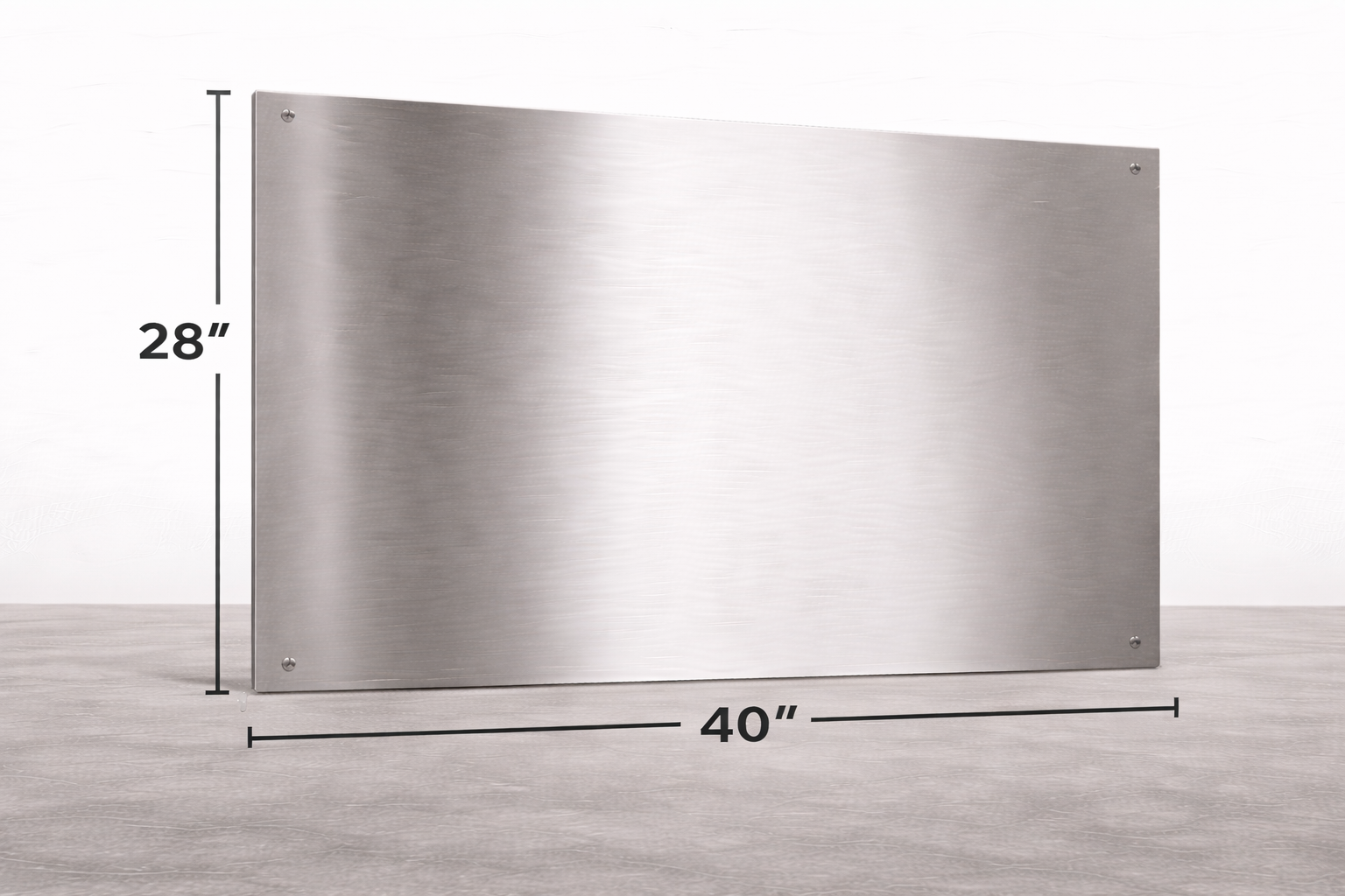 Stainless steel range hood with dimensions labeled on a light gray background