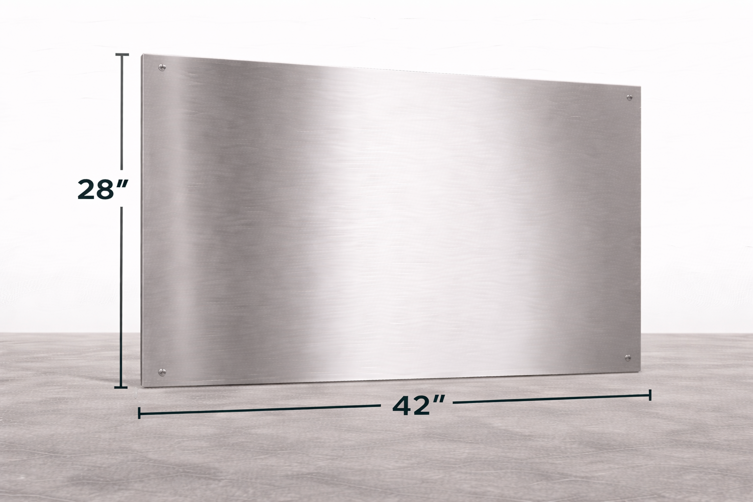 Stainless steel backsplash with dimensions 28" x 42" on a light gray background