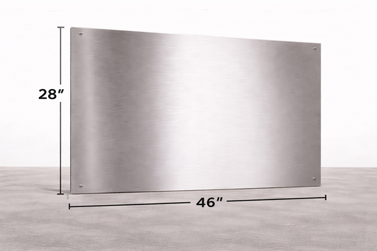 Stainless steel range hood with dimensions labeled on a white background