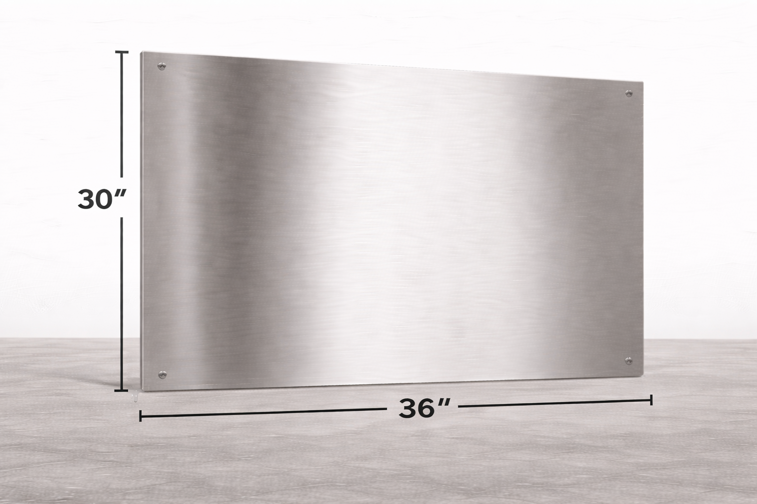 Stainless steel wall-mounted panel with dimensions labeled on a light gray background