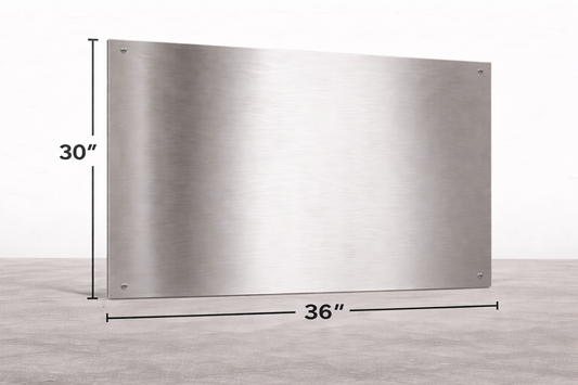 Stainless steel wall-mounted panel with dimensions labeled on a light gray background