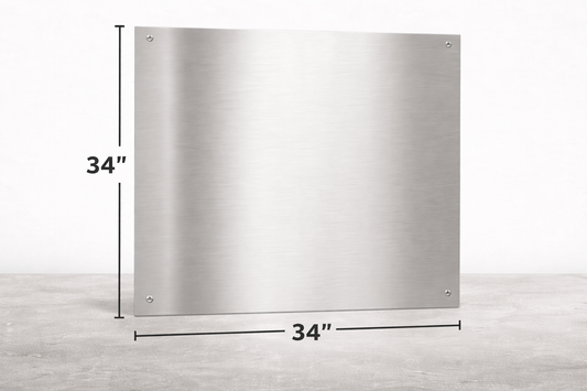 Stainless steel range hood with dimensions labeled on a white background