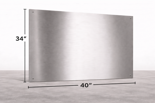 Stainless steel range hood with dimensions labeled on a gray background