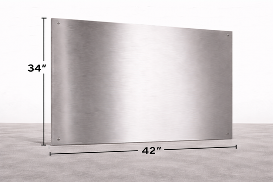 Stainless steel range hood with dimensions labeled on a gray background