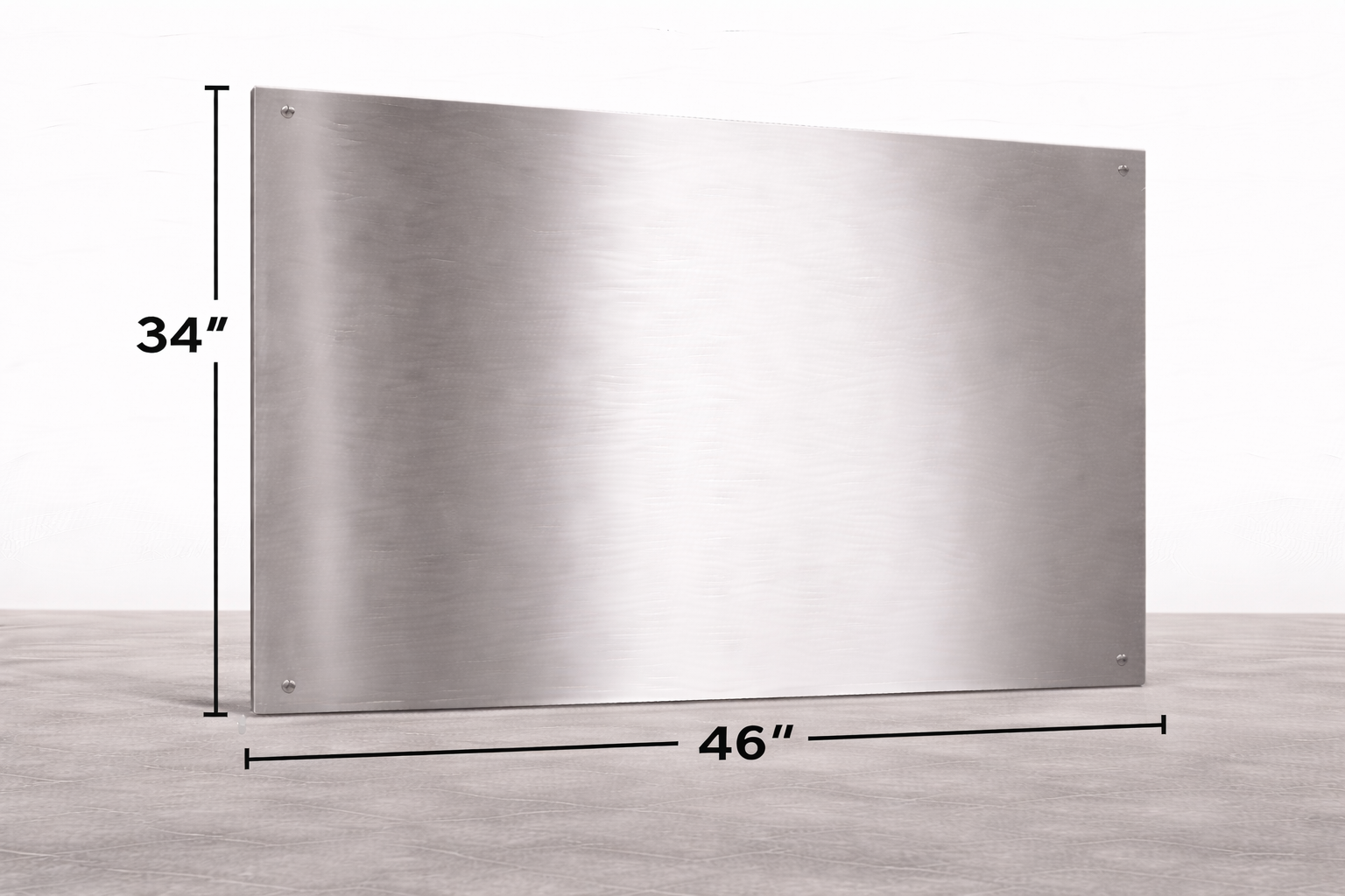Stainless steel range hood with dimensions on a light gray background