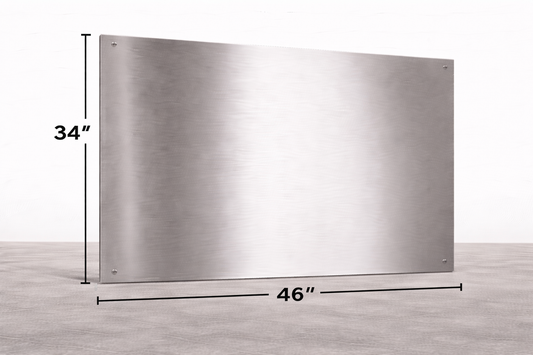Stainless steel range hood with dimensions on a light gray background