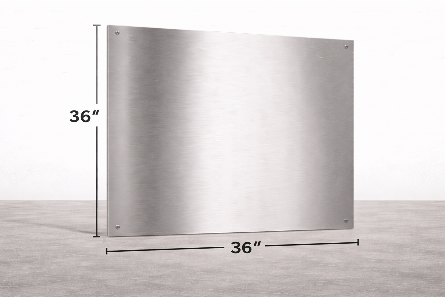 Stainless steel backsplash with dimensions labeled on a gray background