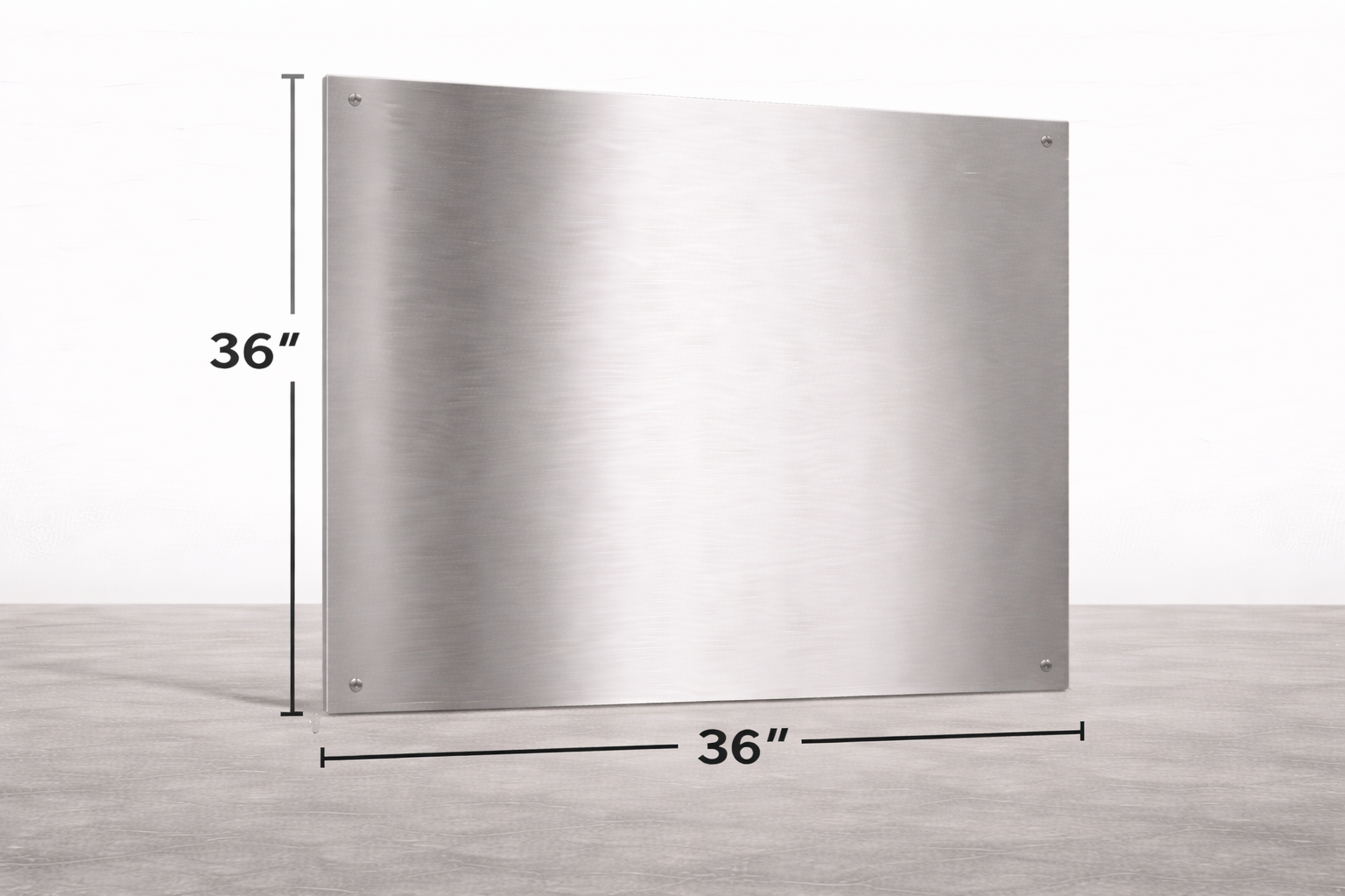 Stainless steel backsplash with dimensions labeled on a gray background
