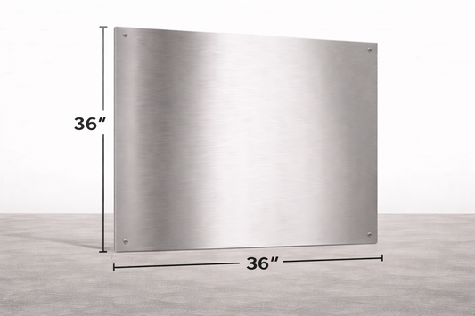 Stainless steel backsplash with dimensions labeled on a gray background
