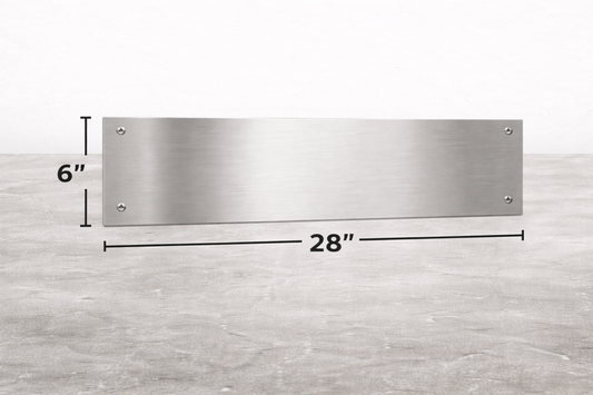 Stainless steel panel with dimensions on a light gray background