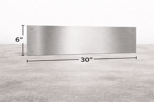 Stainless steel panel with dimensions on a light gray background