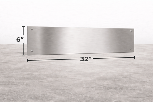 Stainless steel panel with dimensions on a light gray background