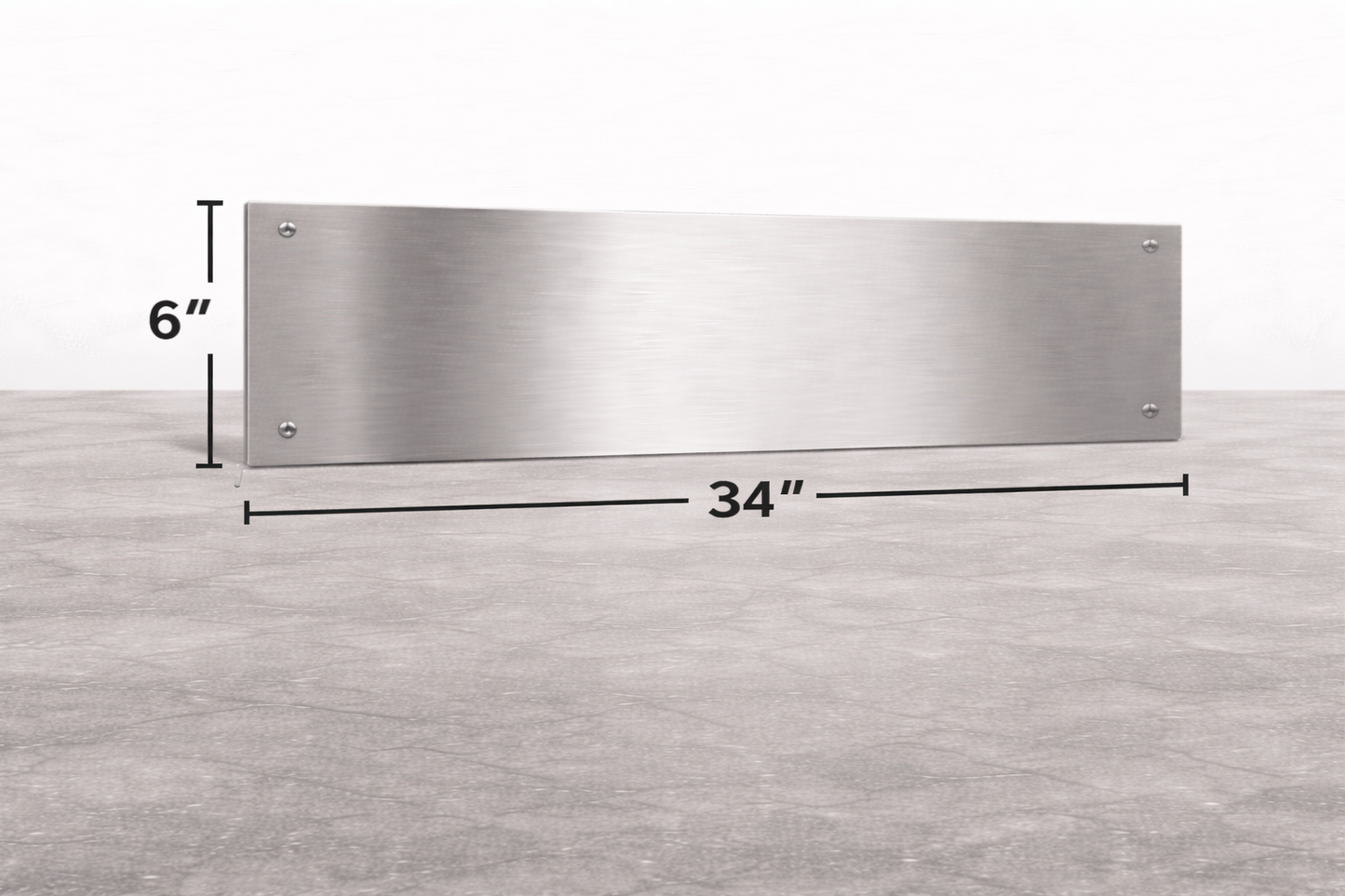 Stainless steel panel with dimensions labeled on a gray background