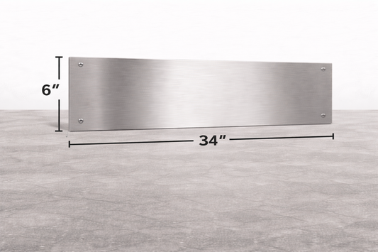 Stainless steel panel with dimensions labeled on a gray background