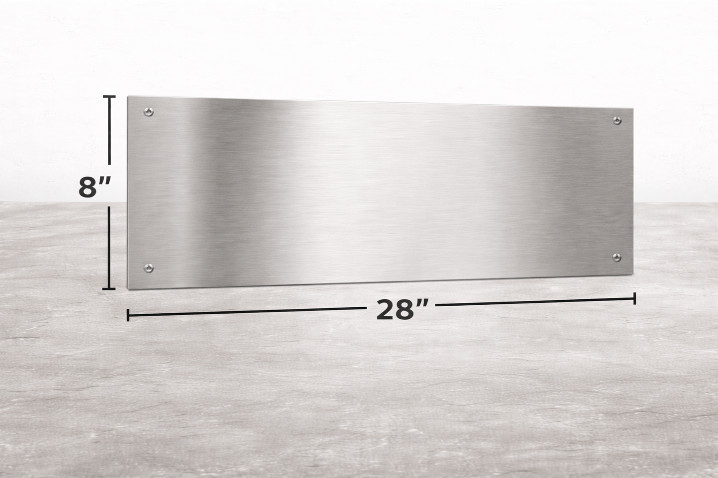 Stainless steel panel with dimensions labeled on a gray background
