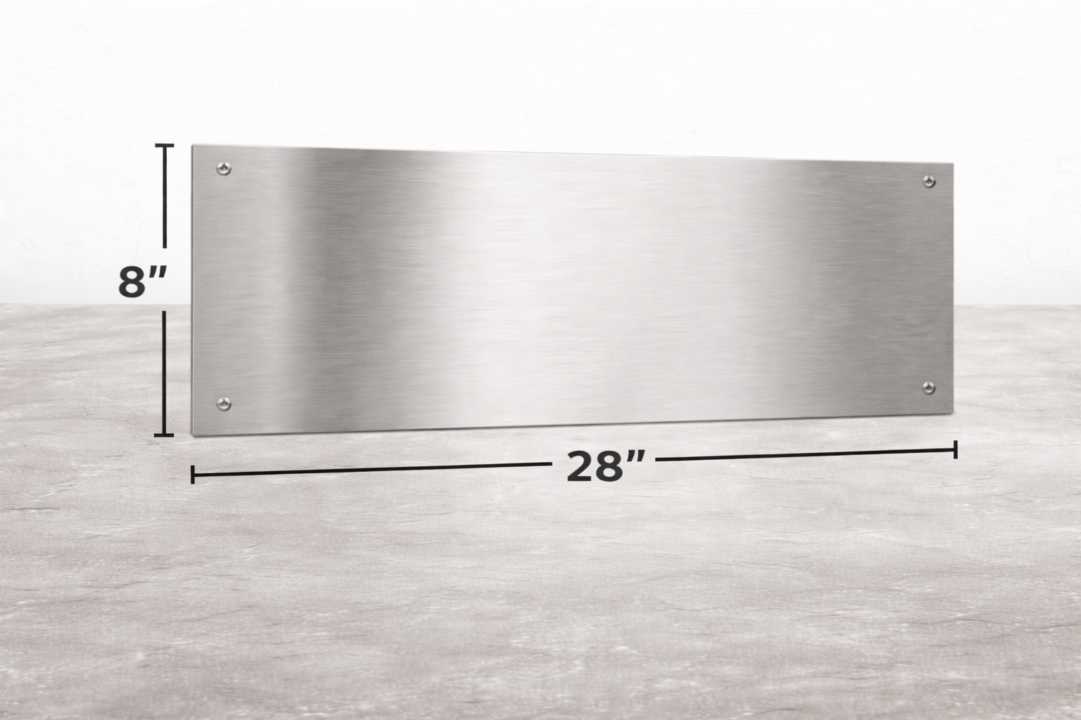 Stainless steel panel with dimensions labeled on a gray background