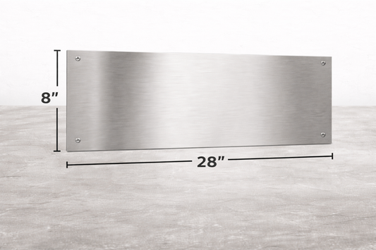 Stainless steel panel with dimensions labeled on a gray background