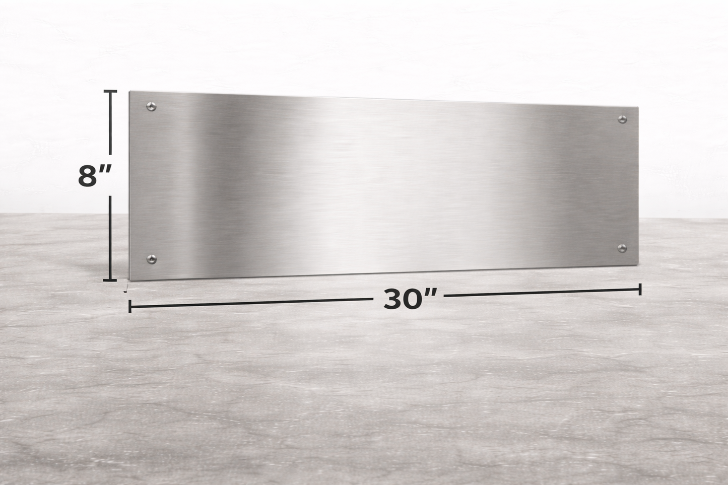 Stainless steel panel with dimensions on a light wood background