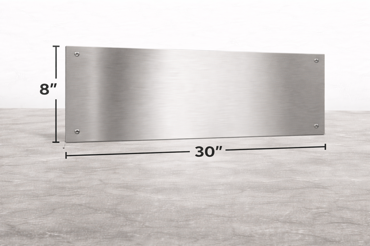 Stainless steel panel with dimensions on a light wood background