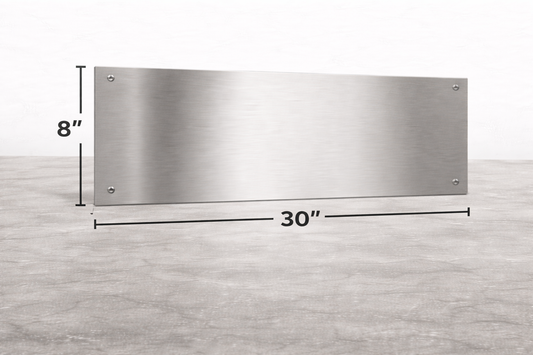 Stainless steel panel with dimensions on a light wood background