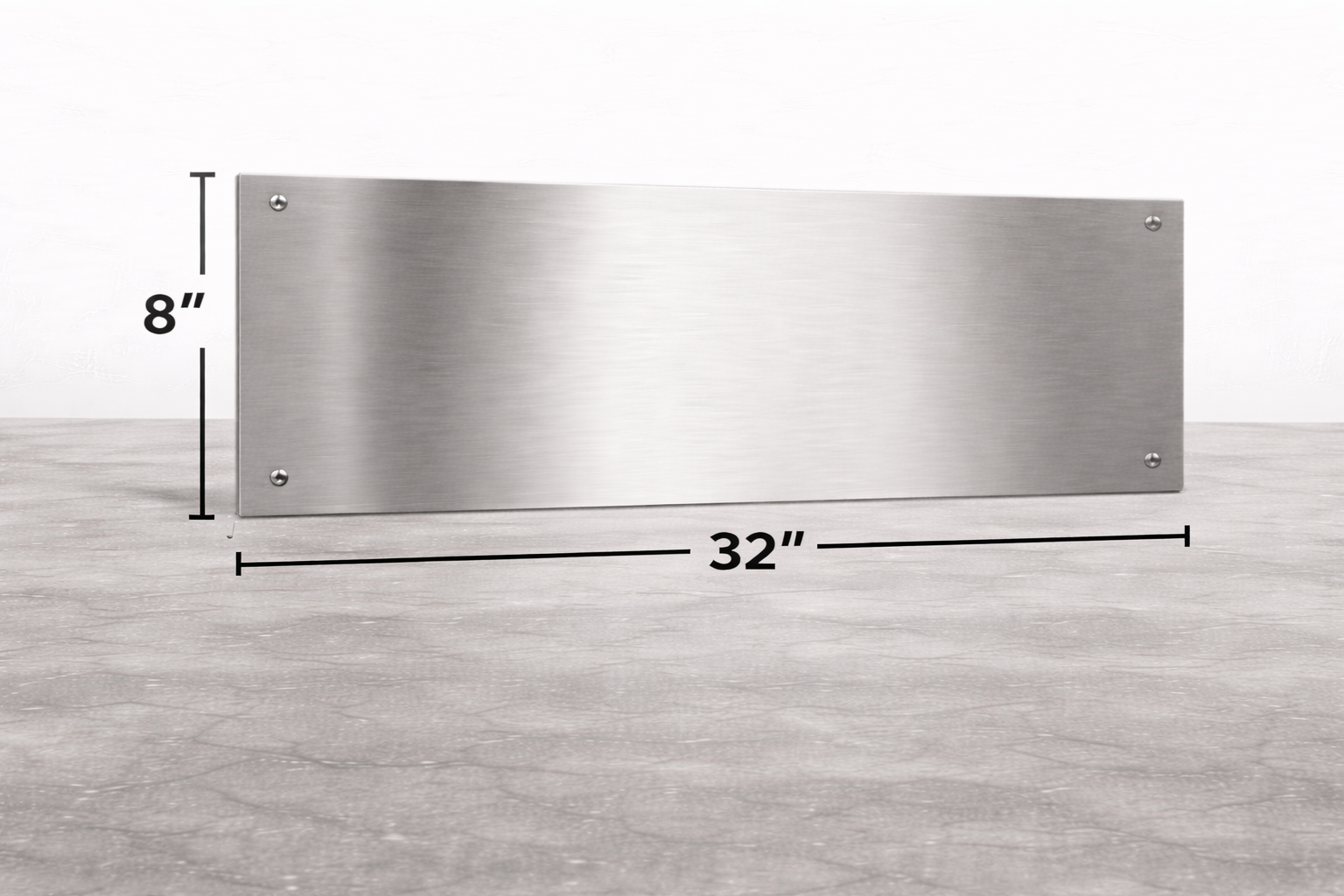 Stainless steel panel with dimensions on a wooden surface