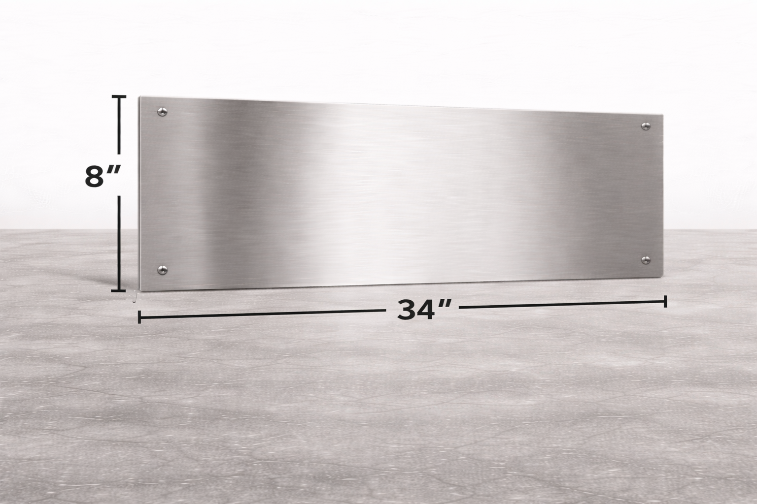 Stainless steel panel with dimensions on a light gray background