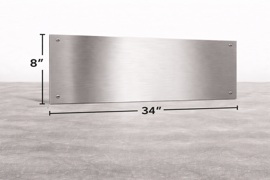 Stainless steel panel with dimensions on a light gray background