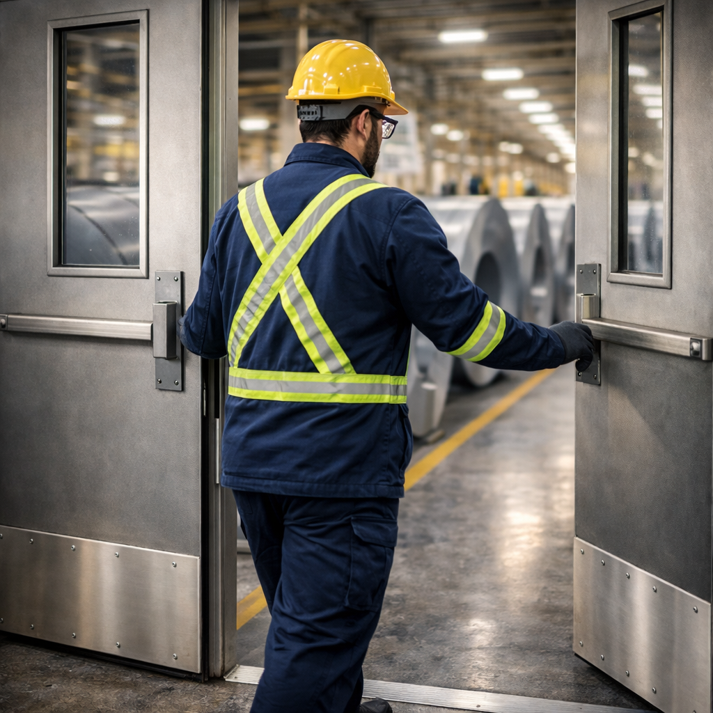 Industrial worker entering factory floor door