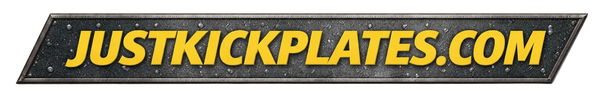 Black rectangular sign with yellow text 'JUSTKICKPLATES.COM' on a black background