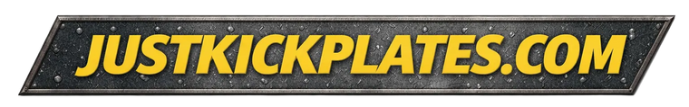 Black rectangular sign with yellow text 'JUSTKICKPLATES.COM' on a black background