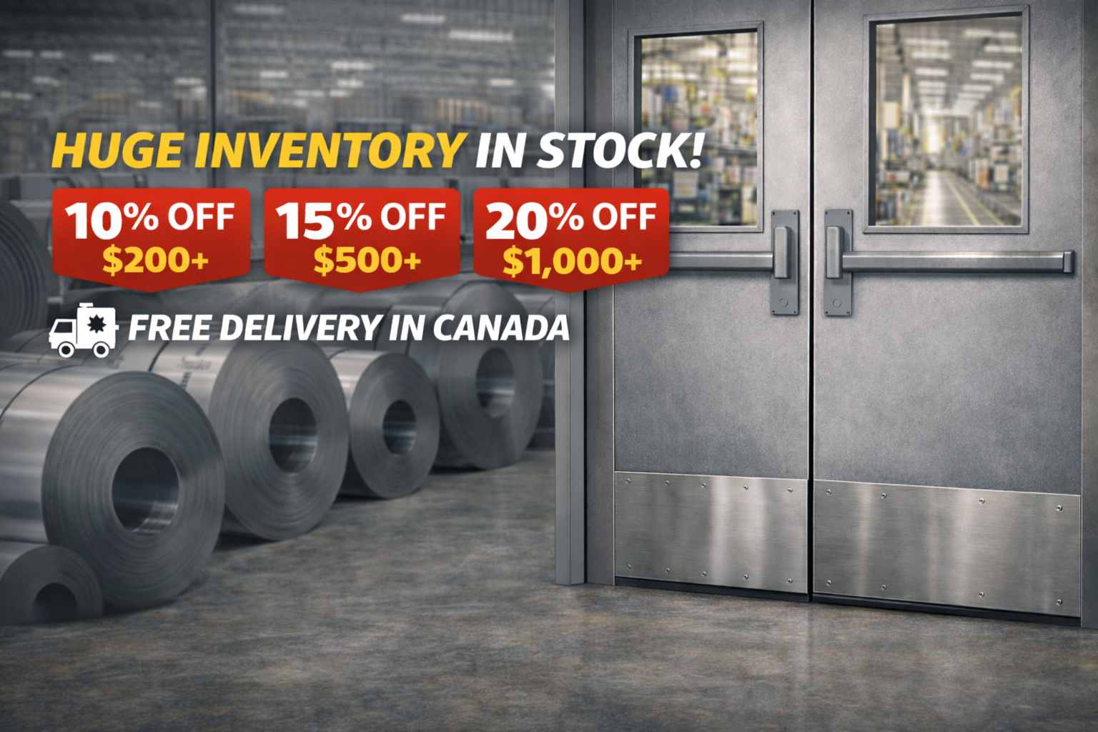 Metal rolls with promotional text for inventory, discounts, and free delivery in a warehouse setting.