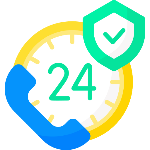 Icon of a clock with '24' and a green check mark on a white background