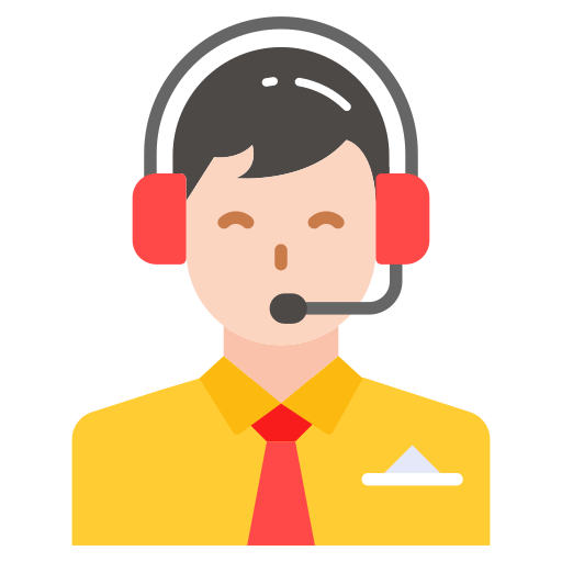 Illustration of a person wearing a headset with red headphones and a yellow shirt on a white background
