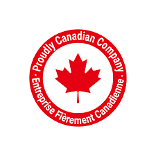 Logo of a proudly Canadian company with a red maple leaf on a white background